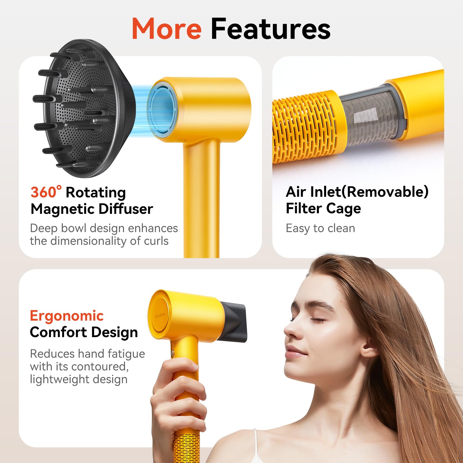 rizzdeek lightweight hair dryer, high speed 160,000 rpm 500m negative ions brushless blow dryer for frizz free shine, fast drying intelligent thermo control, quiet travel dryer with magnetic nozzle rizzdeek lightweight hair dryer, high speed 160,000 rpm 500m negative ions brushless blow dryer for frizz free shine, fast drying intelligent thermo control, quiet travel dryer with magnetic nozzle
